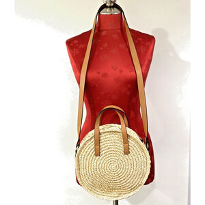 H & M Purse Woven Round Natural Straw Two Way Satchel Crossbody Shoulder Bag
